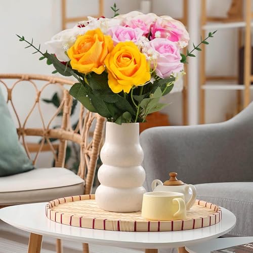 12PCS Artificial Realistic Silk Fake 6-Colored Roses Long Stem | 6 Colors Mixed Roses For Wedding Decoration, Party Table Decoration, Valentines Mother's Day - color: 2 Rose Red /2 Red/2 Pink/2 White/2 Champagne/2 Yellow