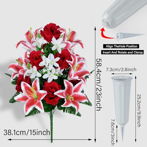 XONOR Artificial Cemetery Flower for Graves, Cemetery Memorial Flowers with Vase for Gravesite Outdoor Tombstone Decorations, Lily Rose Flowers Bouquets (Red Lily, 2 Bouquets) - color: Red