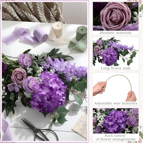 Suncalla 36 Pcs Purple Artificial Flowers Bouquet Set 8 Kind Faux Delphinium Rose Peony Chrysanthemum Hydrangea Baby's Breath Florals with Greenery Long Stem for Wedding Table Vase Decor - color: Purple