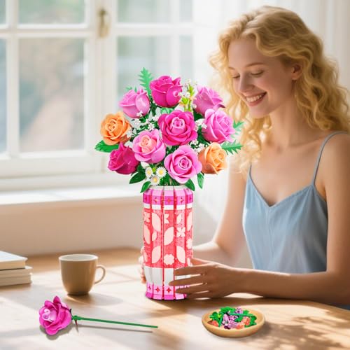 CUBIMANA Pink Rose Bouquet Building Set with Vase & LED Light, 3.6MM Mini Flower Building Kit for Adults, Artificial Floral Decor for Home Office Bedroom, Birthday Day Gifts for Women Mom Wife