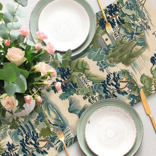 Chinoiserie Vintage Style Mountain Dining Table Runner, Landscape Painting Art Burlap Kitchen Decoration, Retro House Trees Indoor Outdoor Home Decor Party Supply 13x36 Inches - color: Landscape Painting, size: Table Runner 13''X36''