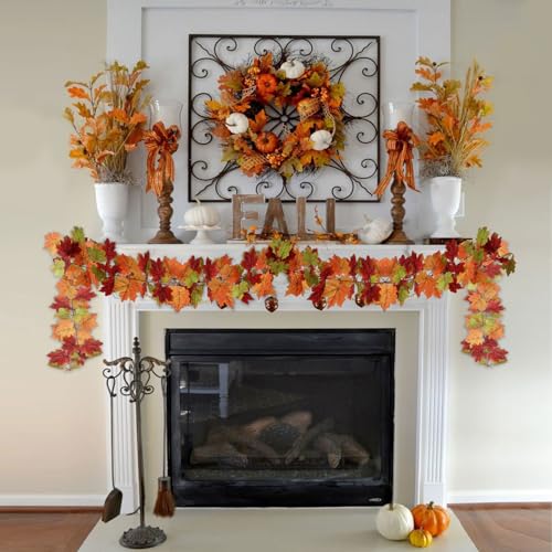 Mizii 2 Strands Artificial Maples Vines Garland 79" Fake Vine Silk Maple Leaves Faux Hanging Fall Garland for Fall Decor Thanksgiving Porch Mantle Fireplace Farmhouse Harvest Decorations (Maple) - color: Maple