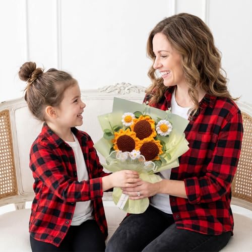 Completed Yellow Crochet Flowers Bouquet, Handmade Knitted Bouquet, Crochet Artificial Flowers of Sunflowers + Daisy for Mother's Day Birthday, Wedding Home Decor, Gifts for Mom (Sunflowers) - style: Sunflower