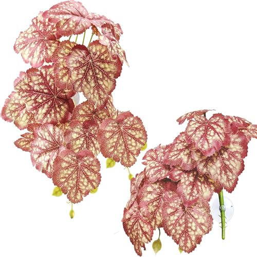 Woyrise Reptile Plants, Terrarium Hanging Plants Vines for Reptile Tank, Amphibian Habitat Leaves Decor with Suction Cup for Bearded Dragon Lizard Snake Gecko Frog Hermit Crab - 2Pcs Pink Heuchera - color: Pink Heuchera