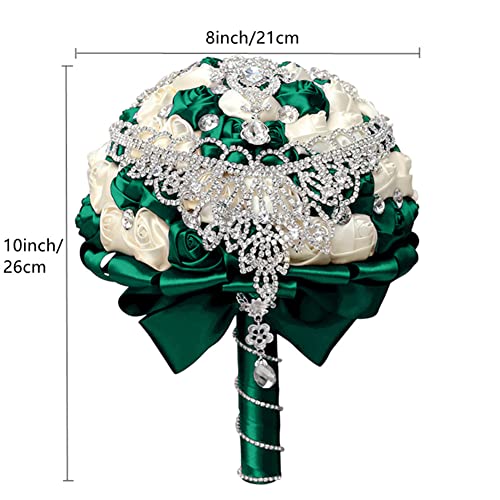 XINNI Emerald Green Wedding Bridal Toss Bouquet for Bride Bridesmaid Satin Rose Flower Wedding Bouquet with Drop-Shaped Rhinestones Dark Green and Ivory - color: Dark Green + Ivory