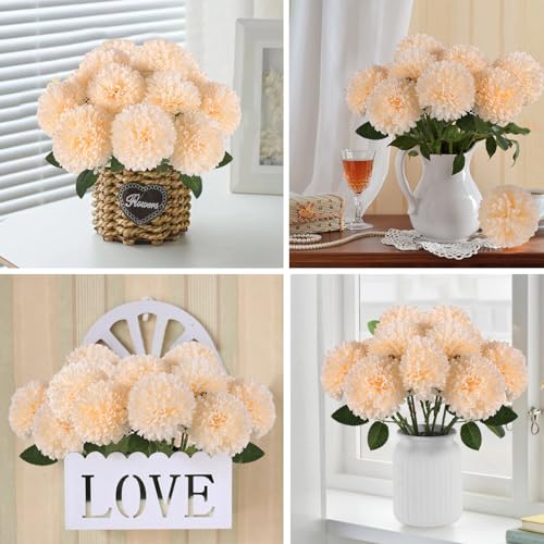 Hananona 12 Pcs Artificial Chrysanthemums Flowers Ball Flowers, Fake Mums Silk Plants for Home Decor Indoor Floral Arrangement Table Centerpiece (12, Champagne) - color: Champagne