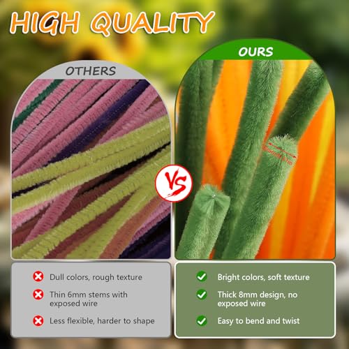 350Pcs Pipe Cleaners Craft, 5 Colors Pipe Cleaner Flower Kit, Thick Fluffy Chenille Pipe Cleaners Bulk with Floral Wires, Tape & Video Tutorial, DIY Handmade Sunflowers Making Bouquet, Creative Gift - color: 350 Pcs 5 Colors-Sunflower