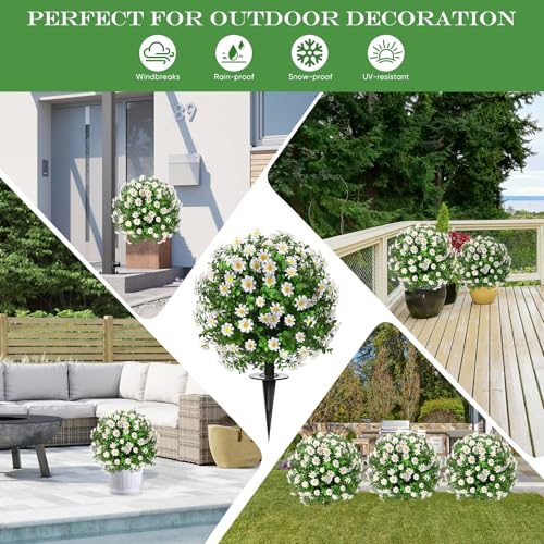 FAJUNZH Artificial Topiary Bushes for Outdoors with Spike, Boxwood Ball Fake Shrubs UV Resistant Faux Plants for Indoor Outdoor Fall Thanksgiving Halloween Decor (Sunflower Boxwood White -2 Packs) - color: Sunflower Boxwood White