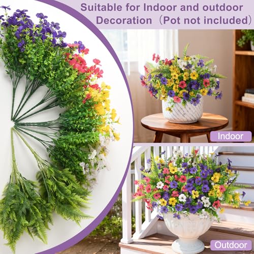 Artificial Flowers Hanging Baskets, Multicolor 12 Bundles Faux Flower with Ferns Outdoor Hanging Basket Spring Summer Decoration, Fake Flowers Plants for Porch Patio Balcony Home Yard Decor - color: Purple Rose Red White Yellow
