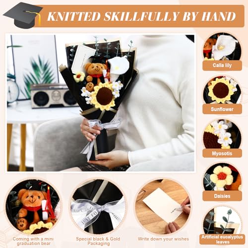 HyDren Graduation Gifts Large Graduation Crochet Flower Bouquet with Bear Sunflower Daisy Card Knitted Flower Bouquet Decorations Crochet Grad Bear CLAS of 2026 Gifts 14.95 x 11.81 Inch