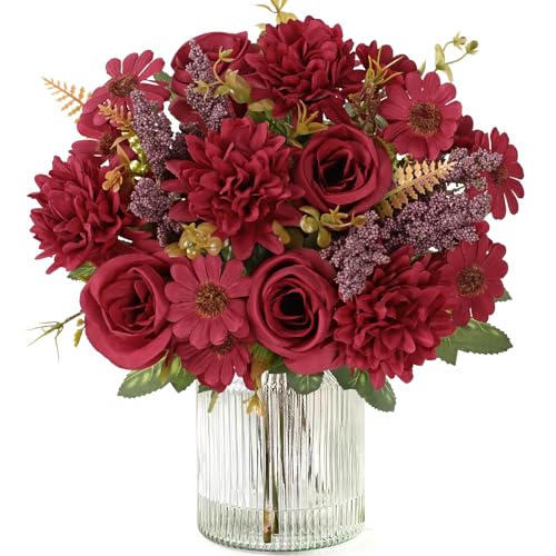 Dremisland Artificial Flowers 2 Bundles Burgundy Fake Roses Silk Bouquets with Daisy Chrysanthemum Artificial Faux Flowers Floral Arrangements for Valentines Day Wedding Table Centerpiece Party Decor - color: Burgundy, size: 2PCS