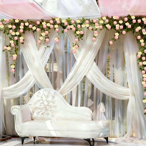 4Pcs Artificial Rose Vines Fake Flowers Garland with Green Leaves Faux Hanging Floral Plants for Home Bedroom Living Room Patio Decor,Christmas Wedding Birthday Party Decoration (Champagne) - color: Champagne, size: 4Pcs-small rose