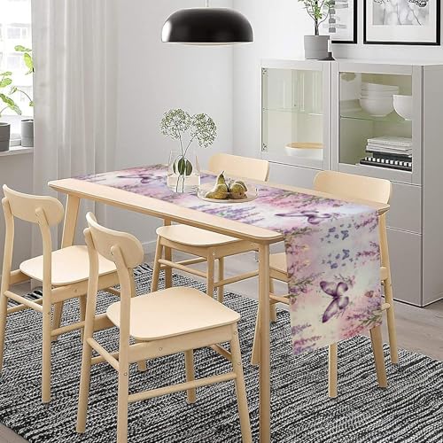 Butterfly Table Runner,Spring Purple Lavender Floral Table Runner for Holiday Kitchen Living Room Home Party Decor 13x36 Inch - color: Butterfly-12, size: 13x36in