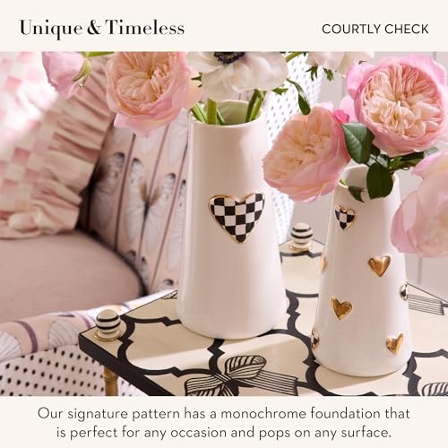MACKENZIE-CHILDS Ceramic Heart Vase, Unique Decorative Vase, Short, Black-and-White Courtly Check - size: Short
