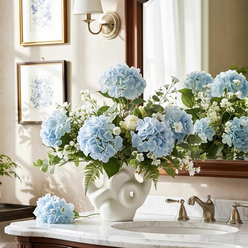 Auihiay 10PCS Hydrangea Artificial Flowers, Realistic Blue Hydrangea Fake Flowers, Faux Hydrangeas for Wedding Centerpieces, DIY Bouquets, Bridal Shower, Home Decoration, Mother's Day, Garden (Blue) - color: Light Blue
