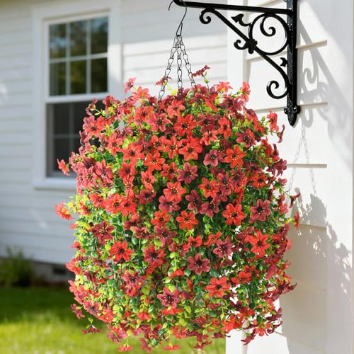 Artificial Hanging Baskets Outdoor, 4 Bundles Artificial Hanging Flowers Outdoors Spring Summer Decoration, No Fade Realistic Fake Hanging Baskets for Porch Patio Balcony Home Yard Decor - color: Red Brown