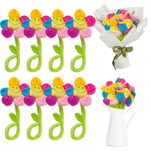 8 Pack Artificial Plush Flowers Colorful Curtain Buckle Tiebacks Cute Big Smile Face Plush Sunflower with Bendable Stems Bouquet for Home Kids Girls - color: Colorful Sunflower