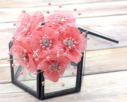 72PC Artificial Organza Flower Rhinestone Pick for Home Craft Decor DIY Wedding Bridal Veil Headband Dress Cake Topper Embellishment Scrapbook Favor Corsage Floral Bouquet Arrangement (Coral) - color: Coral