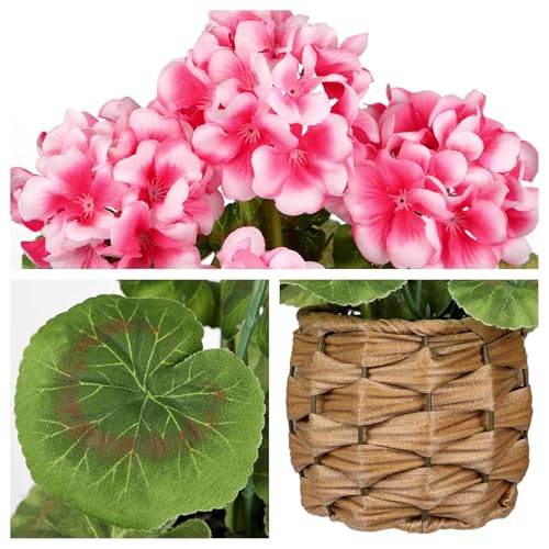 Briful Artificial Geraniums Flowers Potted Plant - 13.7'' Tall Faux Pink Silk Realistic Lush Geraniums Flowers in Basket, Indoor&Outdoor Decorative Plant, Farmhouse Home Porch Office Patio Table - color: Pink, Basket
