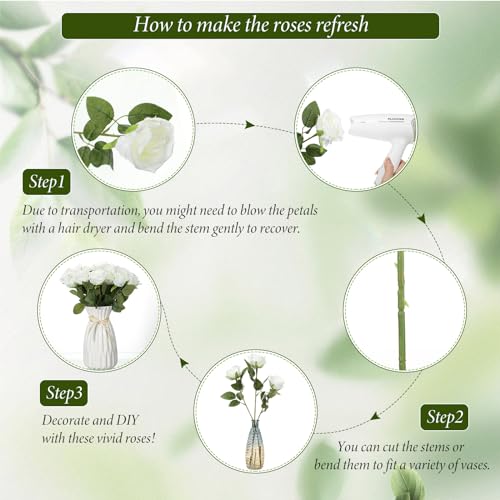 Hotop 20 Pcs Artificial Rose Flowers with Long Stem,Real Lifelike Silk Realistic Plastic Bouquet Roses Bulk for Home Decor Bridal Wedding Party Table Centerpieces Decorations(White) - color: White