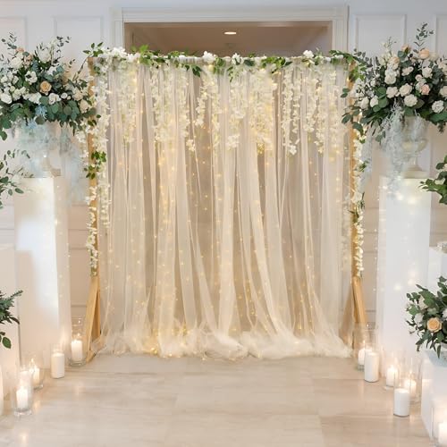Gilprop 6 Pcs Wisteria Artificial Flowers Garland Lighted White Tulle Backdrop Curtain 10×8ft Sheer Wisteria Flower Curtains Backdrop Vine Silk Hanging for Birthday Engagement Wedding Anniversary