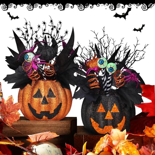 Giegxin 2 Pack Halloween Table Centerpieces Decorations 14'' x 10'' Jack O Lantern Artificial Flowers Pumpkin with Spider and Eyeball Halloween Tabletop Decor for Home Kitchen Indoor Outdoor - style: Jack O Lantern