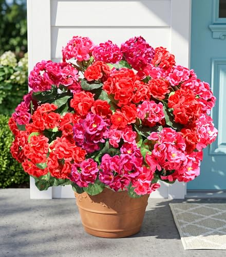 Fake Geraniums Artificial Flowers for Outdoors, 6 Bundles Silk Geraniums Flowers Realistic UV Resistant Fake Plants Faux Flowers for Outside Planters Front Door Garden Balcony Yard Porch Indoor, Mix - color: 2 Red, 2 Hotpink, 2 Fuchsia