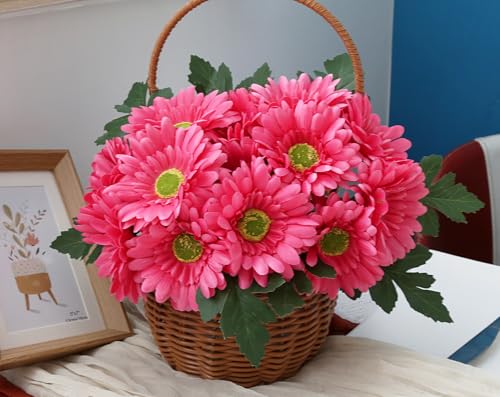 IPOPU 2 Bundles Artificial Gerbera Daisy Flowers 14 Heads Pink Fake Daisy with Stems Faux Silk Daisy Flowers for Wedding Bridal Bouquet Party Floral Arrangements Home Table Centerpiece Decor (Pink) - color: Deep Pink
