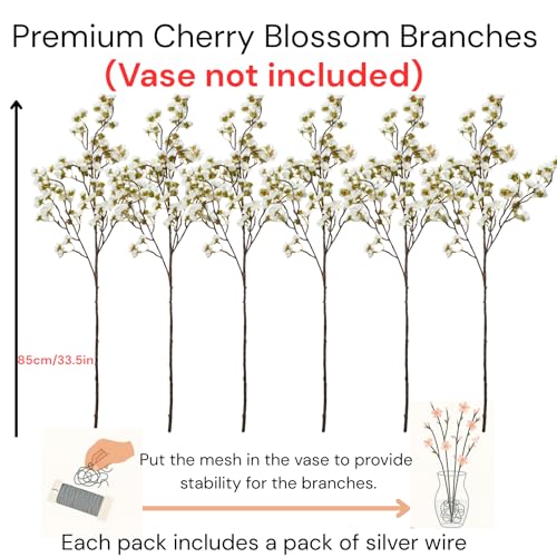 White Cherry Blossom Branches – 6 Pcs 33.5" Long Stem Artificial Flowers for Tall Vase, Premium Faux Silk Spring Decor, Realistic Fake Cherry Blossoms for Home, Wedding & Table Centerpieces - color: White