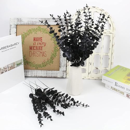ABAJI Plastic Eucalyptus Black Stems 12 Fake Faux Decorations Artificial Leaves Greenery Plant Leaf Home Office House Table Desk Decor Wedding Party Vase Forever Live - color: Black