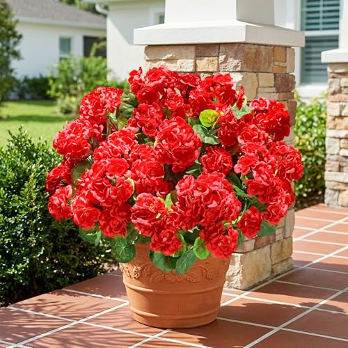 Fake Geraniums Artificial Flowers for Outdoors Outside, 6 Bundles Red Silk Geraniums Fake Flowers Plants Realistic UV Resistant Faux Flowers for Outdoor Planters Garden Balcony Yard Porch Indoor Decor - color: Red