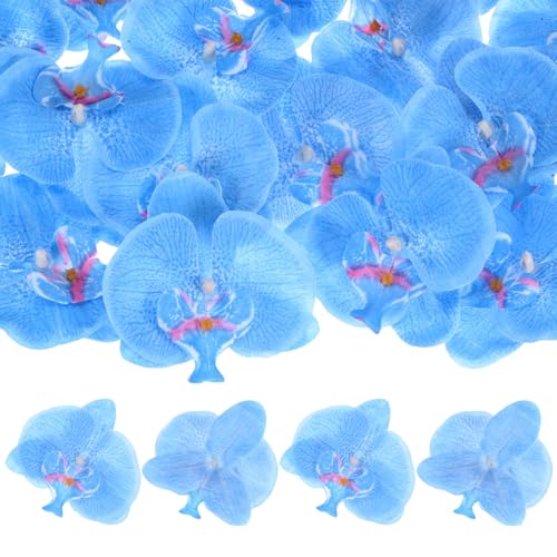 M METERXITY 20-Pack Artificial Orchid Flower Heads, Silk Faux Butterfly Flowers Head for Wedding/Bouquet/Bridal/Party Decor, Fake Phalaenopsis Petals Bulk [3.54 Inch, Blue] - color: Blue, size: 3.54 Inch