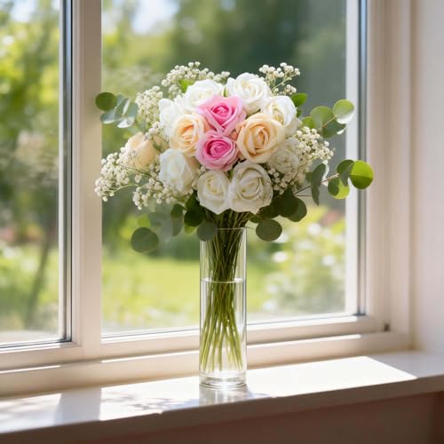 12PCS Artificial Realistic Silk Fake 3-Colored Roses Long Stem | 3 Colors Mixed Roses For Wedding Decoration, Party Table Decoration, Valentines Mother's Day - color: 8 White/2 Pink/2 Champagne