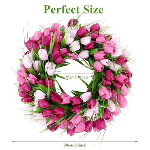 U'Artlines 20 Inch Tulip Wreath for Front Door, Spring Summer Silk Wreath with Green Leaves Artificial Tulip Flower Wreaths for All Seasons Window Wall Wedding Valentines Day Decor - color: Pink, size: 20 Inch