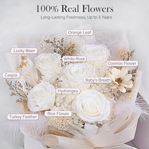 Preserved Bouquet of Flowers - 5 Roses & Flowers for Delivery, Real White Forever Flower, Eternal Roses Bouquet, Mothers Day Gifts for Mom Grandma Wife, Anniversary Birthday Gifts for Women - color: White
