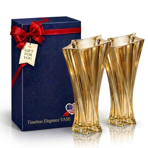 Crystal Glass Vase – Heavy Crystal Vase for Flowers with Weighted Bottom, Thick Durable Decorative Vases for Modern Home Decor, 9.8″ 3.5lb Clear Centerpiece (Amber X 2) - color: Amber X 2