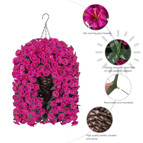 HyeFlora Artificial Fake Hanging Flowers Plants Baskets for Outdoor Outside Decoration, Faux Silk UV Resistant Realistic Fuchsia Morning Glory Planter for Home Porch Patio Balcony Garden Yard - color: Fuchsia Morning Glory