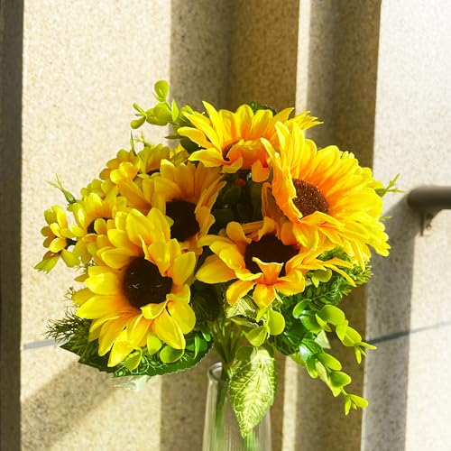 Lifelike Artificial Sunflower Bouquets, 15” Tall Silk Fake Sunflowers for Wedding Centerpieces, Home Decor, DIY Garden Craft Arrangements (2 Pack)