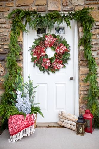 Briful 24in Christmas Magnolia Flower Wreath for Front Door Artificial Red Magnolia Floral Wreath with Pine Cones Berries Outdoor Christmas Wreath for Xmas Home Room Wall Window Mantle Decor - color: 24in Wreath