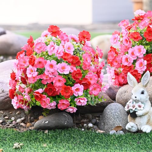 Waipfaru Set of 2 Artificial Boxwood Topiary with Colorful Flowers, 23" UV Resistant Fake Bushes Faux Outdoor Plants, Artificial Shrubs with Ground Spike for Outdoor Garden Front Porch(Red, Pink) - color: Red, Pink