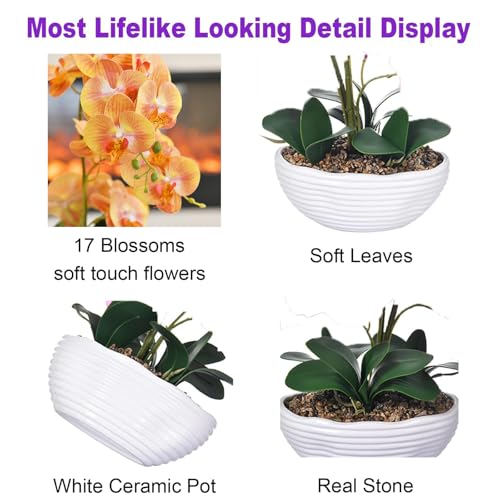 19" H Phalaenopsis Faux Orchid Plant Silk Orchid Centerpiece Artificial Floral Arrangement in Ceramic Pot (Orange) - color: Orange