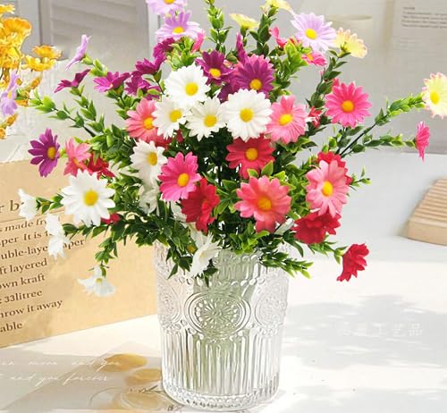 FERIAL 4Pcs Artificial Daisy Flowers for Decoration Outdoor Artificial Wildflowers Bulk Faux Silk Fake Daisy Spring Flower Purple Pink for Floral Home Decor Garden Patio Vase Table Centerpiece