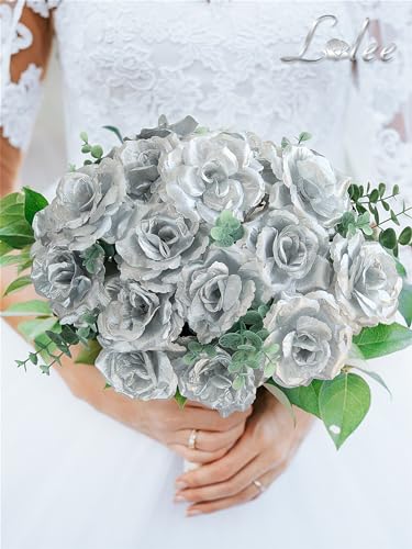LELEE Artificial Rose Flowers Head with Stem - 108pcs Silver Artificial Flowers Rose Bulk - Silk Rose Fake Flower for Wedding Bouquet Party Home Decor DIY Baby Shower Centerpieces Tables Decoration - color: Silver