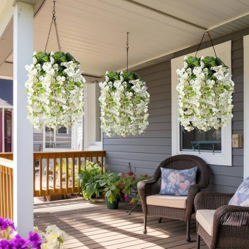 XunYee 8 Pcs Artificial Hibiscus Flowers for Outdoors Spring Summer Decor Fake Hanging Flowers Plants Uv-Resistant Faux Hibiscus Flower for Outside Porch Patio Front Door (White) - color: White