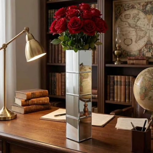 28" Tall Floor Vase, Mirror Silver Vases,Large Flower Vase for Home Decor, Mirrored Glass Decorative Modern for Living Room,Office,Centerpiece (Silver Square:6''L X 6''W X 28''H) - size: Silver Square:6"L X 6"W X 28"H