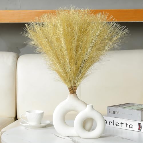 Ureymx Faux Pampas Grass Decor 17.7 Inch 30pcs, Artificial Pompas Grass Bulk Artificial Dried Flower Small Vase Filler for Boho Home Wedding Decoration (Gold) - color: Gold, size: 17 Inch 30 Pcs