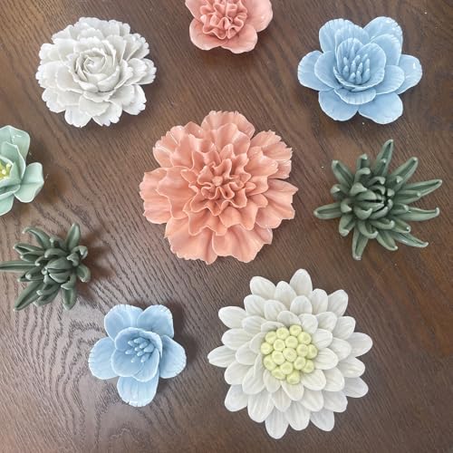 Ceramic Flower Wall Art, Artificial Flower Wall Sculpture，Handcrafted 3D Hanging Porcelain Flowers ,3D Wall Hanging Decor ,Porcelain Flower Wall Décor for Home，Hallway，Kitchen，Office (Blue,Cherry Blossoms, 3.54") - color: Blue,Cherry Blossoms, size: 3.54"
