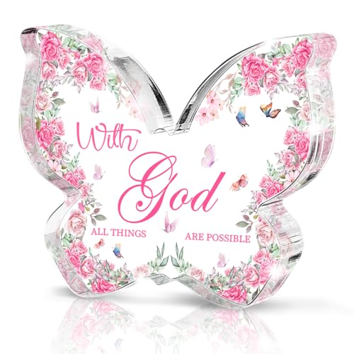 Butterfly Acrylic Decor, "With God All Things Are Possible" Christian Women's Gift, Pink Font Inspirational Religious Home Decor for Prayer Room, Bible Study and Encouragement Place, 4.7x3.2 Inch - color: White Pink