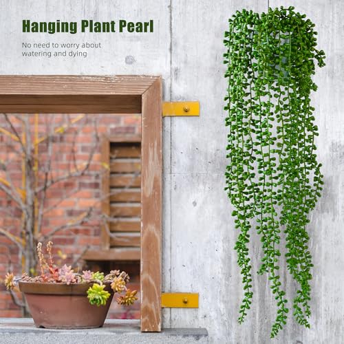 3PCS Artificial Succulents Hanging Plants,27.5 Inch Fake String of Pearls Greenery Plants 5 Branches for Fall Home Garden Office Party Balcony Wall Indoor Outdoor Autumn Decoration - color: Green