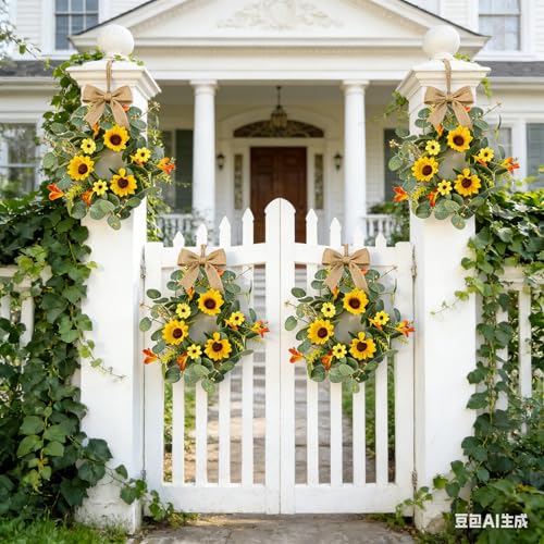 6 Pcs Summer Sunflower Mini Hanging Wreaths for Cabinets Artificial Small Candle Ring Wreaths with Daisy Flower and Eucalyptus Leaves for Home Kitchen Front Door Window Farmhouse Porch Wall Decor - color: Yellow